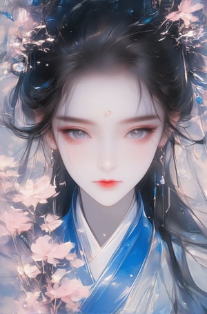 A beautiful ancient-style girl with long black hair, wearing blue and white Hanfu, holding flowers in her hand, with clear facial features, exquisite details, in the style of Chinese painting, in the style of anime art, with light pink and sky-blue colors, in the style of Chinese punk fashion, style raw, stylize 400, niji 6