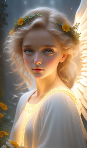 Ultra detailed digital art masterpiece, beautiful angel, Caucasian, with angelic clothes, in prayer in front of dark garden mist covered path with Sunbeen light shining encircling, tearful dirty face looking up to heaven, arms folded, big realistic beautiful eyes, shiny eyes, flowers of diferent colors, ultra atmospheric details, beautiful face proportions, beautiful proportions, ultra detailed natural skin textures, complex masterpiece, beautiful proportions, wild hair style, natural special effects, complex physics, ultra realistic body proportions, enhanced colors, complimentary colors, raytracing reflections, natural pose, happy mimic, natural realistic positions, Ultra detailed primal dark storm background, by BoneAge . jean Baptiste Monge by dmitry usanin, light by vladimir volevog greg, cinematic, dynamic pose