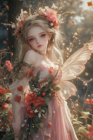 Centered whimsical fairy holding a delicate spray of cranberry flowers, detailed facial features with eyes open and a compassionate expression. Flowing dress inspired by cranberry blossoms, incorporating soft pink petals and vibrant green leaves. Dress color palette: light pink, forest green, and touches of white. Autumn-themed accessories from natural elements like acorns and colorful fallen leaves. Hair adorned with a delicate crown of tiny cranberry flowers and autumn foliage. Translucent wings resembling cranberry flower petals with intricate vein patterns. Background: misty cranberry bog with surrounding autumn-hued trees, dotted with blooming cranberry plants. Autumn elements subtly incorporated with falling leaves and early morning frost. Soft, directional lighting from upper right, casting gentle shadows. Magical atmosphere with subtle floating lights resembling dewdrops. Color harmony between fairy and the rich autumnal background. Fairy size normal relative to surroundings. Early morning setting enhancing the crisp, autumn mood. Highly detailed fairy with expressive eyes and gentle smile, slightly less detailed background. Ethereal, fantasy illustration style, stylize 500, Niji6