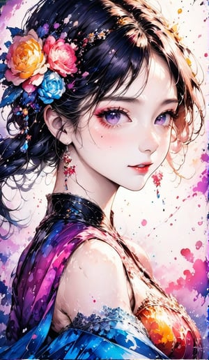 A very beautiful anime girl dressing a elegant dress, her dress is made by ink, looking at viewer, radiant gaze, (front view), upper body, close up, ink brushstrokes in background mastepiece quality, stunning image, colorful, Ink art style.