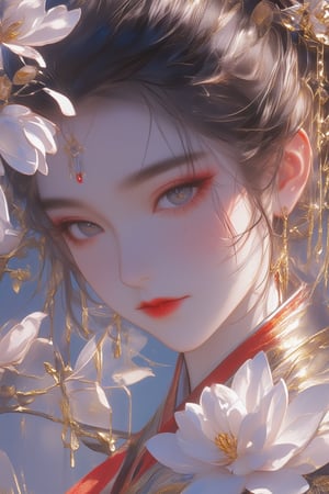 Realistic depiction of a 25-year-old Chinese woman in a Hanfu-inspired qipao, standing amid blooming magnolia flowers at the Fahai Temple in Hangzhou. Capturing the elegance of her ancient-inspired hairstyle, delicate facial features, and captivating eyes, while she holds a paper fan with grace and poise. Ultra-realistic details, lifelike textures, vibrant colors, and precise attention to the surroundings, reflecting the serene beauty of the scene, stylize 250, niji 6