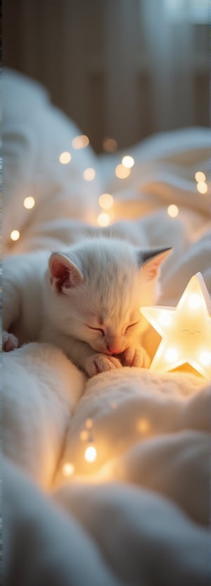 A peaceful scene featuring a baby kitten, softly sleeping on a cloud-like bed surrounded by twinkling fairy lights. The kitten has soft white fur, its tiny paws curled up near its face, creating an adorable and serene image. Next to the kitten is a glowing star-shaped nightlight, casting a gentle, warm glow over the cozy bedding. The entire scene feels calm and dreamy, with soft, fluffy blankets and delicate lighting enhancing the magical, peaceful atmosphere. The kitten’s relaxed posture and the soft glow of the lights create a sense of warmth and comfort, making the scene feel like a cozy dream world filled with tranquility and innocence