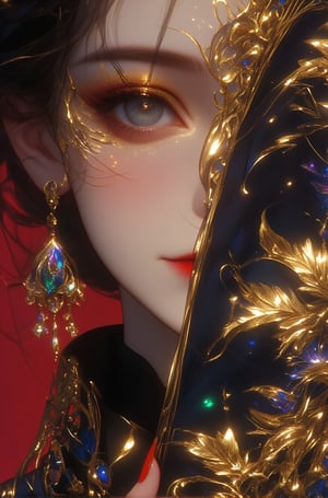 A close-up digital painting of a woman's face, rendered in an elegant and luxurious style with exquisite attention to detail. Her fair skin is illuminated by soft lighting, highlighting her half-hidden face. The right side of her face is partially obscured by a dark blue-black fan adorned with intricate gold designs and iridescent blue, green, and purple gemstones that catch and reflect light. Her eye is heavily made up with shimmering golden eyeshadow extending beyond her outer corner, elaborate winged eyeliner, and mascara emphasizing her dark gray eyes. The makeup extends into delicate golden filigree patterns around her eye, extending to her temple. A striking gold ornament resembling baroque-style scrollwork or floral motifs is placed on her cheekbone near the eye, reflecting light beautifully. She wears large, ornate chandelier earrings featuring a central teardrop-shaped gem surrounded by smaller clear stones, suspended by delicate gold chains ending in small star-shaped ornaments. The left ear displays a similar gold filigree design. Her hair is styled in loose waves, blending softly into the background. She has on a black garment with high collar, decorated with elaborate gold embroidery and intricate feather-like patterns. Small blue gems are embedded within the gold, adding sparkle to the design. The fingers are long and tapered, adorned with a matching gold ring on the index finger. Her lips are painted a glossy red shade, slightly parted as if speaking or whispering. The background is a solid vibrant crimson red (#D32F0), which contrasts beautifully with the cool tones of the fan and enhances the overall luxurious feel of the image. The composition is tightly framed around her face and upper body, creating a sense of intimacy and opulence.