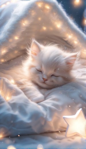 A peaceful scene featuring a baby kitten, softly sleeping on a cloud-like bed surrounded by twinkling fairy lights. The kitten has soft white fur, its tiny paws curled up near its face, creating an adorable and serene image. Next to the kitten is a glowing star-shaped nightlight, casting a gentle, warm glow over the cozy bedding. The entire scene feels calm and dreamy, with soft, fluffy blankets and delicate lighting enhancing the magical, peaceful atmosphere. The kitten’s relaxed posture and the soft glow of the lights create a sense of warmth and comfort, making the scene feel like a cozy dream world filled with tranquility and innocence