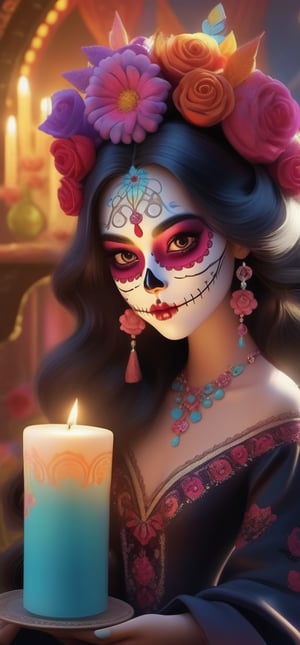 Portrait of Catrina,  long fluffy hair,  traditional catrina dress,  fashion pose,  radiant and luminous eyes,  intrincate sugar skull catrina make up,  glowing,  holding a candle,  ornate halloween room background,  dynamic sweet pose, glowing and sparkle, head to shoulders shot,  32K,  realistic, art by Wadim Kashin,  Nicoletta Ceccoli