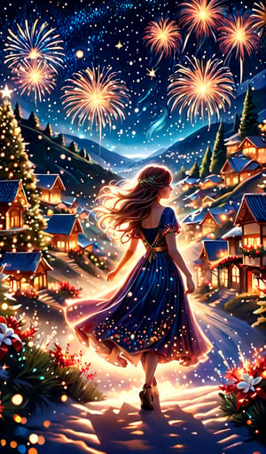 "Create an enchanting scene of a 25 young girl dancing of a hill under a fireworks sky, lost in contemplation. Celebrating New Year. Capture the serene landscape of a christmas lush village, adorned with Christmas tree. serene and hopeful look, she is wearing a beautiful luxury dress reflecting the carefree ambiance of the night. Emphasize the movement of her hair swaying in the wind, adding a dynamic touch to the composition. Include elements such as christmas ligths to enhance the dreamlike atmosphere of the celestial christmas. Highlight any accessories or items she may hold, contributing to the narrative. Illuminate the scene with the soft glow from the stars above and ambient ground lights. In this 300-character prompt, weave a visual tale of a thoughtful girl navigating the hill, merging the tranquility of nature with the magic of the night sky.",High detailed ,firefliesfireflies,yofukashi background,LinkGirl,skptheme