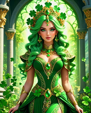 A Beautiful St Patrick's Day Goddess , intricate fashion, elemental, Intricate, Elegant, Scenic, Hyper-Realistic, 8k resolution, ethereal, mythical, gorgeous fantasy, greens and gold, intricate and ornate details, full body, realistic, 64 megapixels HDR