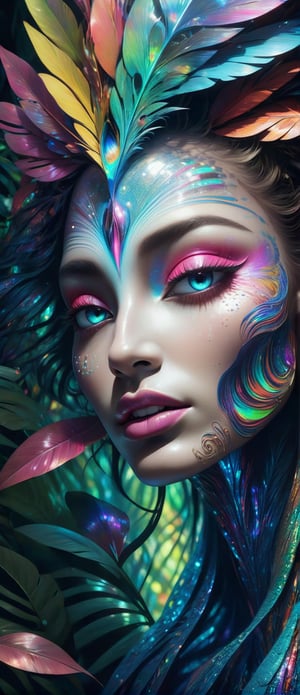 This magnificent half human creature with rainbow iridescent skin, shiny and sparkling, in the rainforest, where it settles in its magical kingdom, brilliant painter, talented masterpiece creator, Yann Dalon, Toni Infante, Amr Elshamy, Viktor Miller-Gausa, 300 dpi, artstation trend, intricate details, high detail, Patty Hankins Macro photography, hyper detailed,b3rli
