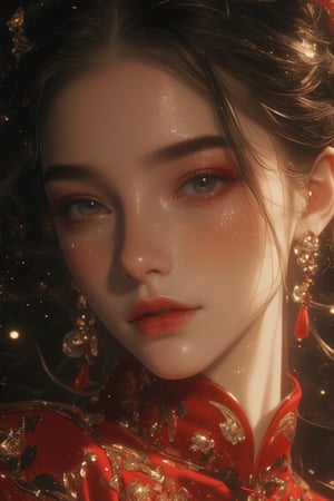 A close-up of a woman's face in an Oriental aesthetic, exuding glossy and glittery allure, illuminated by dim sunlight at night. Her features are delicately captured, with soft, warm lighting enhancing her glossy skin and sparkling eyes. The scene is framed with delicate ink strokes, focusing on her expressive face. The composition centers on the woman's face, with the dim sunlight adding a serene and mysterious atmosphere to the nighttime setting.