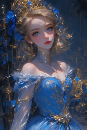 Cinderella, a girl with golden hair, blue eyes, a bun, side bob bangs, a crown on her head, pearl earrings on her ears, a blue bow behind her hair, a blue dress with two blue roses next to it, a blue bow with a blue gem on it, a crystal shoe and a blue crystal castle on her dress, background: dark tones, standing at the gate of a gorgeous castle at night, a pumpkin carriage parked in front of her, niji 6