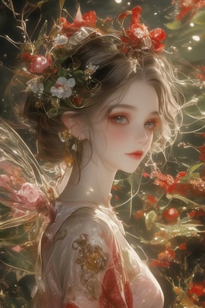 Centered whimsical fairy holding a delicate spray of cranberry flowers, detailed facial features with eyes open and a compassionate expression. Flowing dress inspired by cranberry blossoms, incorporating soft pink petals and vibrant green leaves. Dress color palette: light pink, forest green, and touches of white. Autumn-themed accessories from natural elements like acorns and colorful fallen leaves. Hair adorned with a delicate crown of tiny cranberry flowers and autumn foliage. Translucent wings resembling cranberry flower petals with intricate vein patterns. Background: misty cranberry bog with surrounding autumn-hued trees, dotted with blooming cranberry plants. Autumn elements subtly incorporated with falling leaves and early morning frost. Soft, directional lighting from upper right, casting gentle shadows. Magical atmosphere with subtle floating lights resembling dewdrops. Color harmony between fairy and the rich autumnal background. Fairy size normal relative to surroundings. Early morning setting enhancing the crisp, autumn mood. Highly detailed fairy with expressive eyes and gentle smile, slightly less detailed background. Ethereal, fantasy illustration style, stylize 500, Niji6