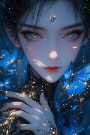 A close-up digital painting illustration of an ethereal young female character with short, dark blue hair adorned with iridescent highlights and sparkling elements. Her large, expressive eyes are a striking shade of light blue-gray with intricate reflections and golden-brown eyelashes, surrounded by soft pink blush on her pale skin. The character has a neutral yet slightly melancholic expression, with slightly parted lips revealing a hint of teeth. Delicate blue butterfly wings rest near her nose, while another larger vibrant blue butterfly with darker edges rests on her left hand, which is elegantly positioned near her face. The character's fingers are slender and painted in a matching sky-blue color, adding to the dreamlike quality. She wears a high-necked black lace outfit with intricate gold leaf patterns visible around the collar area. A prominent dangling earring featuring a crystal or gemstone with blue accents hangs from her right ear. Surrounding her are several smaller blue butterflies, enhancing the mystical atmosphere. The background features deep navy blue hues with subtle sparkles, creating a starry night effect and blending seamlessly into the surrounding environment. Small particles and swirling patterns contribute to the magical ambiance. Additional elements include glowing blue specks scattered across the character's skin and around her teardrop-shaped eyes, resembling stars or magical dust. Small, ethereal blue flowers are interspersed among the butterflies, adding depth to the scene. In the bottom right corner, there is text in Chinese characters reading '小红书' (WeChat) followed by '小红书号：chengque11666'. The overall mood is enchanting, otherworldly, and somewhat somber, enhanced by the soft, diffused lighting that gently illuminates the face and hands while casting delicate shadows.