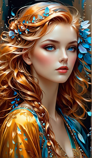 create me a hybrid being, Gorgeous, beautiful, multicolored hair, blue eyes, excentic, Ben Bauchau, Michael Garmash, Daniel F Gerhartz, Clint Cearley, Carne Griffiths, Jean Baptiste Monge, strybk style, warm dreamy lighting, matte background, volumetric lighting, pulp adventure style, fluid acrylic, dynamic gradients, bold color, illustration, highly detailed, simple, smooth and clean vector curves, vector art, smooth, johan grenier, character design, 3d shadowing, fanbox, cinematic, ornate motifs, elegant organic framing, hyperrealism, posterized, masterpiece collection, bright lush colors, TXAA, penumbra, alcohol paint, wet gouache, ultrarealistic, film grain, surreal, moody, ethereal fantasy, amazing depth, cinematic film still, sharp focus, (James Christensen),bohemian,Boho gypsy, Gustav Klimt, (Anne Bachelier:1.2), (Lillian Bassman, Erwin Blumenfeld),shabby chic,, 1920s retrofuturism, industrial, art deco, coherent, (Dieselpunk:1.3)