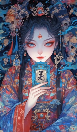 blue eyes, holding, solo, looking at viewer, jewelry, facial mark, earrings, 1girl, upper body, long sleeves, blood, forehead mark, flower, tassel, black hair, makeup, chinese clothes, hair ornament, eyeshadow, talisman, hand up, covered mouth, skull, fingernails, eyelashes, blue hair, blue theme, wide sleeves, long hair, holding card, beads