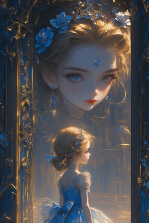 Cinderella, a little girl with golden hair, blue eyes, a bun, side bob bangs, a crown on her head, pearl earrings on her ears, a blue bow behind her hair, a blue dress with two blue roses next to it, a blue bow with a blue gem on it, a crystal shoe and a blue crystal castle on her dress, background: dark tones, standing at the gate of a gorgeous castle at night, a pumpkin carriage parked in front of her, niji 6