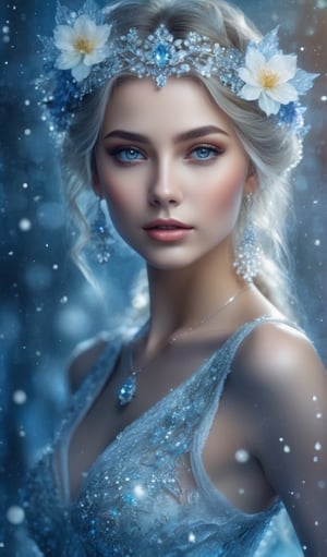 8K Ultra HD, portrait highly detailed, 
(Close up view):1.5, (view from above):1.5,
behold a captivating and ethereal spirit of 
a 20-year-old beautiful ice queen, half body,   fashion shoot,  radiant and luminous eyes, a hand on her face, gracefully adorned with the essence of blooming flowers, Her long flowing hair, like silken threads of sunlight, cascades gracefully down her back, interwoven with delicate floral accents that mirror the surrounding blooms. radiant and luminous eyes, sparkle with a hint of magic and mystery, 
Her white panties is a delicate and masterpiece, 
wearing a crystal hair accesories, crafted from petals and leaves, each piece carefully chosen to complement her ethereal beauty, In her hand, she holds a delicate bouquet of the most exquisite flowers, their vibrant colors mirroring her own radiant aura, Highest quality, cinematic movement, dynamic pose ,SDXL,
(christmas environment, christmas tree, christmas decorations, christmas gift boxes):10.0, anime style, An ice world, A passionate Ice Queen (similar to Elodie Guipaud and Celina Ralph) on a branch of an ice tree,  ice droplets,
Art by Kinuko Y. Craft and Josephine Wall,  Stephanie Law,  Linda Ravenscroft, Fairytale-like atmosphere. Soft,  tender. Bokeh. In the style of Josephine Wall and Takashi Murakami and Boris Vallejo,  style of Greg Rutkowski