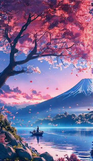 style of Glass effect of a rocky mountainside with a japanese tree of life, Fuji mount in the back in day light, wide waterfall from the top, cherry blossoms, sakura trees, forest, crescent, japanese fantasy style, starry night, vaporwave art, fantasy style, fisherman fishing in a boat, colorful, bright colors art, aqua and aquamarine colors in style and anime pink aesthetics, birds, gradient colors, japanese landscape, brghit gradent, bright sun, cloudy sky, ship in the lake, reflection on water, vaporwave, vapor, spring season, lofi gradient color, vibrant colors, japanese day light anime, , 8k, leaves falling, in colorful colors, anime aesthetic, light blue, japan, pink aesthetic, aqua and aquamarine, vaporwave, japanese style, lofi, pastel