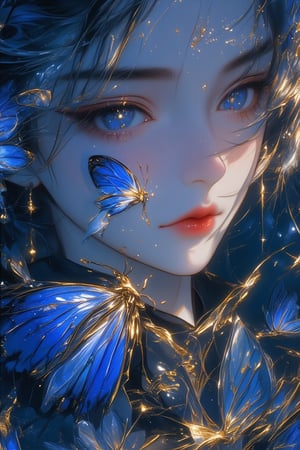 A close-up digital illustration of an ethereal young female character with pale skin, large sparkling light blue eyes gazing gently at the viewer, and softly parted lips colored in a subtle peach hue. Her face is delicately touched by gentle shadows cast by soft lighting, creating intricate patterns on her skin. She has voluminous, short, wavy white hair that flows around her face, framing it beautifully. The character's expression is serene and contemplative, enhanced by subtle blush marks on her cheeks. Her right hand, with long, slender fingers adorned with white nails, gently holds a vivid blue butterfly with intricately patterned wings near her face. The butterfly's delicate wings are open, revealing its internal structure and glowing effect. Multiple other butterflies of varying sizes surround her, all featuring shades of deep blue with lighter accents, golden speckles, and white highlights. These butterflies appear to be made of glass or crystal, adding to the magical atmosphere. The character wears an elaborate high-collared dark outfit richly decorated with intricate gold embellishments, floral motifs, and floating particles, blending seamlessly into the mystical setting. Surrounding her are small sparkles and golden particles, enhancing the enchanting feel. A pendant hangs from her left ear, matching the overall color scheme. The background is predominantly dark blue and black, filled with more butterflies and scattered golden specks, creating depth and focusing attention on the central figure. The lighting is soft and diffused, illuminating the character's face and hands while casting gentle shadows, emphasizing the fantastical and dreamlike quality of the scene. At the bottom right corner, there is text in Chinese characters reading '小红书' (Little Red Book) and '小红书号：chengque11666'. The entire composition is framed within a thin blue border, contributing to the overall mystic and tranquil mood of this highly detailed anime-style illustration.