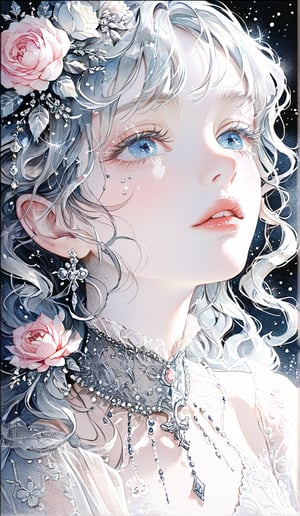 A highly detailed portrait of a beautiful young woman with striking blue eyes, delicate makeup, and full lips. Her hair is styled elegantly with soft curls and adorned with small pearls. She is wearing an exquisite, intricately designed dress covered in delicate embroidery with flowers, pearls, and gemstones in shades of pink and silver. The light creates a soft glow on her skin, highlighting the texture of the fabric and the sparkle of the jewels. The background is softly blurred, emphasizing her graceful features and the ornate details of her attire." --chaos 30 --style raw, stylize 