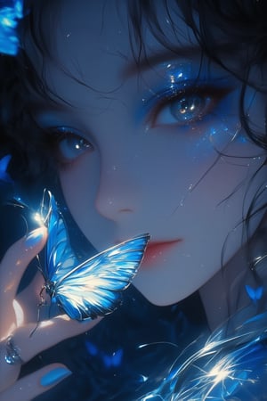 A close-up digital painting depicts an ethereal scene with a young woman as the central focus. Her face is softly illuminated by diffused lighting, creating gentle shadows that accentuate her features. She has strikingly large, expressive light blue eyes framed by thick dark eyelashes, highlighted by vibrant royal blue eyeshadow extending towards her temples. Her skin appears smooth with a subtle blush on her cheeks, and fine details such as pores and highlights are visible. Her curly dark hair frames her face, partially covering it and adding depth to the composition. The woman's nails are painted in a sky blue shade, matching the color palette of the scene. A delicate silver ring adorns her left index finger. In the foreground, a vivid bright blue butterfly with intricate wing patterns rests gently on her extended right hand. Its wings display a gradient from deep midnight blue at the base to lighter azure blue towards the tips, with small white spots and black veins visible. The butterfly emits a soft glowing light from its body, creating a magical sparkle near the tip of her extended index finger. Small sparkles or glittering particles are scattered across her face, enhancing the dreamlike quality. The background is dark and blurred, focusing attention on the subject and adding depth to the artwork. Smaller blue butterflies can be seen flying around, contributing to the whimsical atmosphere. The overall mood is enchanting and serene, achieved through high contrast, moderate saturation, and a cool color temperature dominated by various shades of blue and neutral tones.