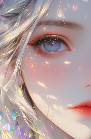 A beautiful woman with white shoulder-length hair and highlights of rainbow colors, with very white skin, freckles and blush, rainbow crystal decoration, and a half-length close-up of delicate facial features with watercolor and rich color painting style, stylize 250, niji 6