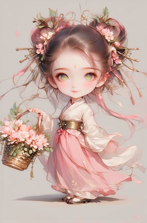 https://s.mj.run/Y8Cr_hRweGs 3D chibi style, peach blossom theme, character design, pink hair, green eyes, peach blossom and leaves on her head. Carrying a flower basket in his hand, there are peaches in the flower basket, ancient Chinese costumes, complex ancient Chinese hair accessories, Hanfu, skirts flying, smiling, sweet smile, the background is gray. There should be a base below for her to stand on, stylize 750