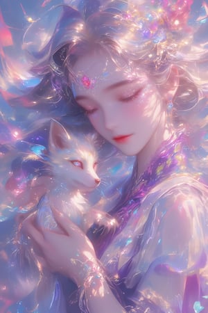 An ancient Chinese girl, charming smile, happy and joyful, wearing a lace eye mask with pink rainbow diamonds, flowing pink and white hair, purple dress, white veil, gem hairpins, gem earrings, gem bracelet, wearing a gorgeous little dress, butterflies, petals flying, holding a little fox in her hands, traditional Chinese elegance, subtle elegance, dreamy, romantic, soft focus, style raw, stylize 1000, niji 6