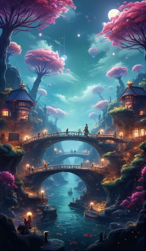 An imaginative and artistic scene of a fantasy world, with a vibrant landscape that includes floating islands, luminescent flora, and whimsical non-human creatures. The creatures are depicted as friendly and whimsical, engaged in peaceful activities that showcase their harmonious existence. Architectural structures with surreal designs dot the landscape, integrating seamlessly with the natural wonders. The atmosphere is filled with soft glows and bioluminescent lights, casting a magical radiance throughout the scene. The color palette is rich and diverse, featuring a range of vivid colors that add depth and vibrancy to the world. This enchanting scene is suitable for a storybook or a family-friendly fantasy film, designed to inspire wonder and captivate the imagination, free from any explicit or inappropriate content. robiness. masterprompter.