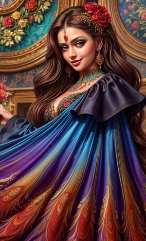 masterpiece, 4K, best quality, absurdres, beautiful girl wearing a silk couture dress embroidered with multicolored lace and precious stones, ornate flower background, smiling, (masterpiece, top quality, best quality, official art, beautiful and aesthetic:1.2), extreme detailed, colorful, highest detailed, (watercolour painting:1.3), optical mixing, playful patterns, lively texture, rich colors, unique visual effect, (masterpiece, top quality, official art), (light painting), (long exposure:1.2), dynamic streaks, extreme detailed, black paintings, red and black, candid moments captured, slumped, draped, hc_gown, a woman wearing a chic blue dress decorated with shiny jewels,Detailedface
