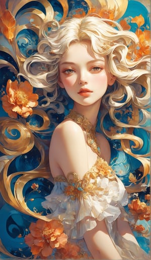 close-up, A surrealistic digital illustration depicting a young woman looking at the camera, her hair seamlessly merging with whimsical floral patterns and abstract swirls. The composition features large, soft flowers in shades of vibrant colors, cream, and gold that flow into the dynamic movement of her cascading hair. Her serene expression adds a sense of tranquility to the scene, while the fine details in the petals and flowing shapes create a harmonious blend of organic and artistic elements, stylize 1000
