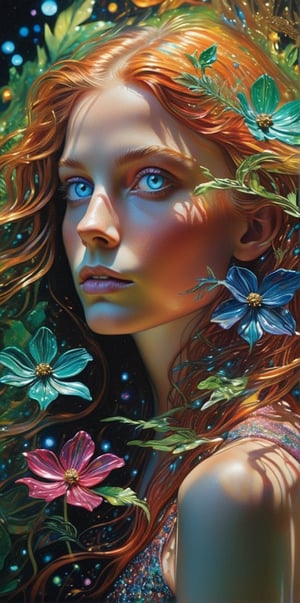 looking up, ultra close-up, Cosmic glowing colored flowers, brilliant hues, long flowing hair, shifting luminescence, nestled in verdant jungle underbrush, half-body portrait of beautiful woman, diamond glittering eyes, sweet expression, fusing Ellen Jewett's intricate sculptural detail and Ivan Albright's hyperrealism, medium resembling glass paint, bathed in cinematic lighting, with ethereal double exposure effect, ultra fine, volumetric lighting, fantasy realistic, cinematic, glitter, shimmering glitter, hanging a glittering flower, vivid colors, perfect real hand, fashion shoot, dynamic expression