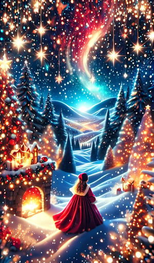 "Create an enchanting scene of a 25 young girl sitting on top of a hill under a starry sky, lost in contemplation. A glowing star on the sky. Capture the serene landscape of a christmas lush village, adorned with Christmas tree, while the night sky above is filled with a myriad of twinkling stars. serene and hopeful look, she is wearing a beautiful dress reflecting the carefree ambiance of the night. Emphasize the movement of her hair swaying in the wind, adding a dynamic touch to the composition. Include elements such as christmas ligths to enhance the dreamlike atmosphere of the celestial christmas. Highlight any accessories or items she may hold, contributing to the narrative. Illuminate the scene with the soft glow from the stars above and ambient ground lights. In this 300-character prompt, weave a visual tale of a thoughtful girl navigating the hill, merging the tranquility of nature with the magic of the night sky.",High detailed ,firefliesfireflies,yofukashi background,LinkGirl,skptheme