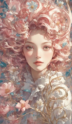 close-up, A surrealistic digital illustration depicting a young woman looking at the camera, her hair seamlessly merging with whimsical floral patterns and abstract swirls. The composition features large, soft flowers in shades of pink, cream, and gold that flow into the dynamic movement of her cascading hair. Her serene expression adds a sense of tranquility to the scene, while the fine details in the petals and flowing shapes create a harmonious blend of organic and artistic elements, stylize 1000
