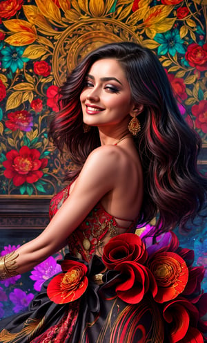 masterpiece, 4K, best quality, absurdres, beautiful girl wearing a silk couture dress embroidered with multicolored lace and precious stones, ornate flower background, smiling, elegant, (top quality, best quality, official art, beautiful and aesthetic:1.2), extreme detailed, colorful, highest detailed, (watercolour painting:1.3), optical mixing, playful patterns, lively texture, rich colors, unique visual effect, (light painting), dynamic streaks, extreme detailed, black paintings, red and black, candid moments captured, slumped, draped, hc_gown