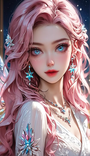 An angel with pink hair, big dark blue eyes, like stars, long and long eyelashes, wearing a white dress, delicate makeup, cute expression, a pair of white wings, with crystal earrings and necklace, front, upper body, background abstract, Korean comic style, fairy tale elements, soft colors and detail description, perfect detail, 16k HD resolution