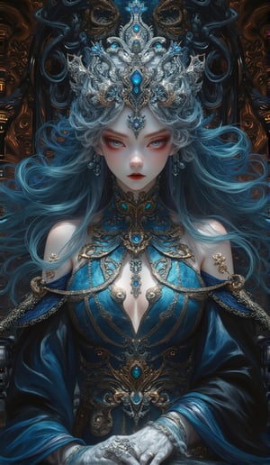 (masterpiece), (best quality), illustration, ultra detailed, hdr, Depth of field, (colorful), loli,a girl ,solo,bare shoulders,flat_chst,diamond and glaring eyes,beautiful detailed cold face,very long blue and sliver hair,floaing black feathers,wavy hair,black and white sleeves,gold and sliver fringes,a (blackhole) behind the girl,a silver triple crown inlaid with obsidian,(sit) on the black ((throne)), (depth) of (field) 