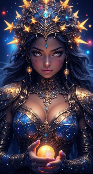 Guardian of the Stars. This character is a stunningly beautiful young woman who is a protector of the stars and planets. She’s powerful yet retains a cute, innocent appearance. She wears a galactic-themed outfit with real elements like a glowing crown of stars, galaxy swirling within her eyes. A mix of dark, starry skies with cute, soft facial expressions. Her supernatural elements could be subtle--the stars around her twinkle, or she holds a tiny glowing orb representing a distant planet. Mini constellations in the shape of animals or cute star creatures following her around, stylize 300, niji 6