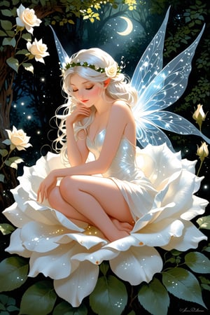 An ultra high quality award-winning Masterpiece. The little fairy sleeps on a big white rose. Her wings tremble slightly from the gentle breeze that whispers sweet tales to her. A small flower is nestled in her hair, as if wanting to adorn her even more. Silence reigns around, only the birds singing and the rustling of leaves disturb this idyll. The fairy looks so calm and innocent, as if nature itself protects her from any harm. Her face expresses such peace, as if she sees the most beautiful dreams. At this moment, the world seems so soft and kind, as if every element of nature is woven from magic. The sleeping fairy on the white rose reminds us that there is a place for wonders and magic in this world, even in the most delicate moments.