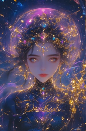 A highly detailed digital illustration in an anime-inspired fantasy style, portraying a close-up front view of a mystical female character with short, dark blue-black curly hair framing her face. Her large, mesmerizing amber-colored eyes have pale skin and subtle blush on her cheeks, giving them a captivating look. She wears a complex headpiece made of intricate golden metalwork adorned with various colored gemstones, including a prominent central pink-purple gemstone surrounded by smaller blue, teal, and light pink stones. The headpiece features star-shaped elements dangling from it, creating a celestial theme. Matching elaborate earrings hang from her ears, featuring gold with star motifs and gemstones. Her high-neck black lace outfit is intricately designed with floral patterns, complemented by a multi-layered necklace featuring large gemstones in shades of purple, blue, and pink, as well as cosmic-themed designs. The character holds an ornate golden staff with symmetrical designs, pointed tips, and gemstones in matching colors. Behind her head is a large pinkish-heliotrope moon or circular halo with textured surfaces resembling crystals or glass. The background is a deep midnight blue night sky filled with small glowing stars scattered throughout, enhancing the ethereal and otherworldly atmosphere. The lighting is soft and diffused, highlighting her facial features and the details of her jewelry without casting harsh shadows. The color palette includes rich navy blues, soft lavenders, warm golds, and delicate pastels, contributing to the enchanting mood. At the bottom center of the image, there is text that reads 'Dreamissa' in a cursive script font, style raw, stylize 400, niji 6