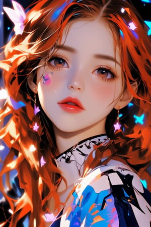 ultra high resolution portrait of a red headed girl age 20 with colorful butterflies in her hair and around her. she is wearing a light pink lipstick zoom out, Niji6