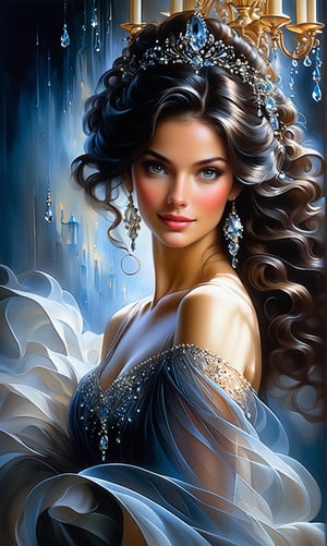 (A mesmerizing piece of art captures the essence of Nachtmusik, an enchanting woman. The image, a painting on a grand canvas, depicts her with flowing dark hair cascading down her shoulders, framing a face adorned with striking features. Her eyes, pools of mystery, seem to hold untold secrets, crystal drops chandelier, while her ethereal smile evokes fascination. The artist skillfully portrays her graceful posture and elegant attire, a reflection of her allure and charm. Every brushstroke conveys a sense of dreamlike enchantment, imbuing the image with a captivating aura. This exceptional artwork skillfully captures the essence of Nachtmusik's captivating allure, leaving viewers enchanted by her beauty and the intricate details of the painting), Detailed Textures, high quality, high resolution, high Accuracy, realism, color correction, Proper lighting settings, harmonious composition, Behance works,Cinematic,IMGFIX,ct-jeniiii