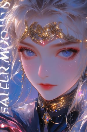 A close-up digital illustration of Sailor Moon, rendered in a 3D anime style with intricate details. The character's face is centered, capturing a serene yet determined expression as she gazes slightly to her left. Her large, expressive blue eyes are accentuated by long eyelashes and surrounded by soft pink blush on her pale skin. Her lips are slightly parted, revealing a subtle gloss. She has flowing pale blonde hair styled in twin buns with delicate strands framing her face and cascading down her back. A golden crescent-shaped headpiece adorns her forehead, featuring intricate designs with a central moon symbol flanked by star-like elements. Large circular earrings with moon-shaped pendants complement her attire. Her outfit includes a black sailor suit with glossy reflections and deep red accents, partially visible beneath her cloak. A prominent pink bow adorns the chest area. The background features a dreamy bokeh effect with various colors including blue, pink, purple, and white, resembling lights or stars, creating a cosmic atmosphere. The text 'SAILOR MOON' is written vertically along the left edge in white, bold, sans-serif font. At the bottom left, there is descriptive text titled 'Prompt:' followed by a detailed description of the artwork. In the bottom right corner, there is attribution text that reads 'By 萄是AI摸鱼'. The lighting is soft and diffused, coming from the front-left side, casting gentle shadows and highlighting the character's facial features and accessories while creating an ethereal glow around her hair and face.