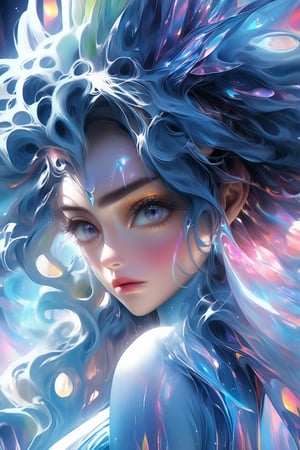 ultra detailed artistic abstract photography of liquid lust, detailed captivating eyes on molten statue, asymmetrical, gooey liquid hair, color exploding lips, highly refractive skin, Digital painting, colorful, volumetric lighting, 8k, by Cyril Rolando, by artgerm, Trending on Artstation, 16k resolution, 300 dpi, 600 dpi, 4k, Contest winner, High definition, detailed, realistic, 8k uhd, high quality,  subsurface scattering, translucent skin, glow, bloom, Bioluminescent liquid, vibrant,Leonardo Style,dripping paint