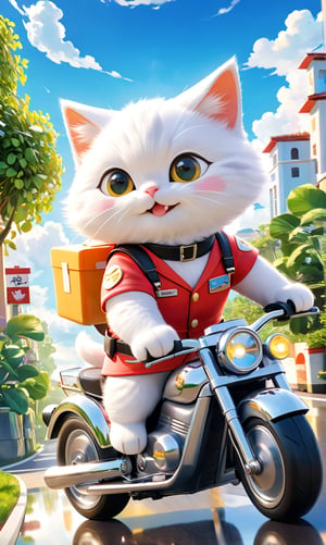 A stunning photo-realistic illustration of a tiny, anthropomorphic cute little fuzzy white fat big eyes kitten wearing a vibrant takeaway uniform, smile and happy, enjoy the best time, riding a sleek motorcycle on a sunlit road. Hans Darias AI. The cat, with mesmerizing eyes, exudes confidence and charm. The intricate details of its fur, the shiny motorcycle, and the reflections on the helmet create a masterful composition. The background is a harmonious blend of beautiful skies and lush greenery, accentuating the sharps focus on the cat. This breathtaking artwork, bursting with vivid colors and captivating visual effects, is truly a 32k masterpiece.