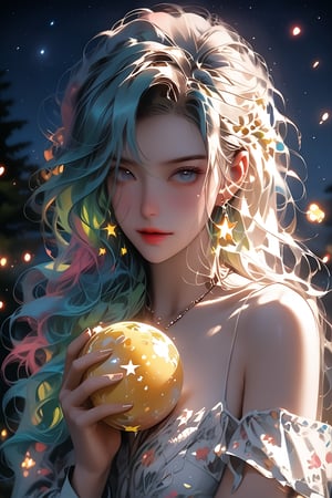 A girl holding a rainbow-colored crystal ball, her hair made up of nebulae and galaxies, ethereal James Jean and Artie Galan style oil paintings, glowing creatures, starry night sky backgrounds, pastel colors, animated aesthetics, mysterious romantic atmospheres, stylize 750, niji 6