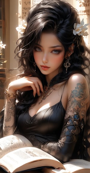 "(close up), ethereal, dark kawaii, resting chin on book, against a grunge off-white and jasmine background, triple exposure, perfect eyes, perfect finger, perfect body, japanese ink, immaculate composition, brian viveros, katsuya terada, esao andrews, anne stokes, complex pose, dynamic light and shadow, bold high quality"