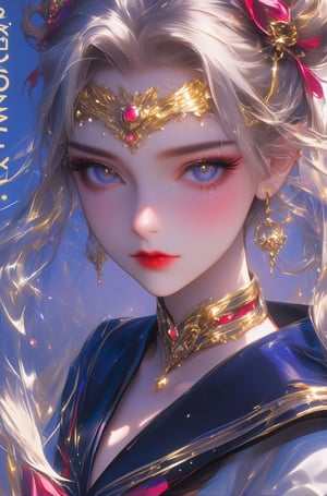 A close-up digital illustration of Sailor Moon, rendered in a 3D anime style with intricate details. The character's face is centered, capturing a serene yet determined expression as she gazes slightly to her left. Her large, expressive blue eyes are accentuated by long eyelashes and surrounded by soft pink blush on her pale skin. Her lips are slightly parted, revealing a subtle gloss. She has flowing pale blonde hair styled in twin buns with delicate strands framing her face and cascading down her back. A golden crescent-shaped headpiece adorns her forehead, featuring intricate designs with a central moon symbol flanked by star-like elements. Large circular earrings with moon-shaped pendants complement her attire. Her outfit includes a black sailor suit with glossy reflections and deep red accents, partially visible beneath her cloak. A prominent pink bow adorns the chest area. The background features a dreamy bokeh effect with various colors including blue, pink, purple, and white, resembling lights or stars, creating a cosmic atmosphere. The text 'SAILOR MOON' is written vertically along the left edge in white, bold, sans-serif font. At the bottom left, there is descriptive text titled 'Prompt:' followed by a detailed description of the artwork. In the bottom right corner, there is attribution text that reads 'By 萄是AI摸鱼'. The lighting is soft and diffused, coming from the front-left side, casting gentle shadows and highlighting the character's facial features and accessories while creating an ethereal glow around her hair and face.