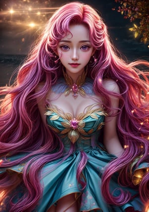 dynamic macro portrait of a goddess wearing a princess couture dress embroidered with multicolored lace and precious luminous gems, long soft blowing wavy hair, flowers adorned her hair, city night light landscape (masterpiece, top quality, best quality, official art, beautiful and aesthetic:1.2), extreme detailed, colorful, highest detailed ,4K, best quality, smiling, optical mixing, playful patterns, lively texture, rich colors, unique visual effect, (masterpiece, top quality, official art), (light painting), (long exposure:1.2), dynamic streaks, extreme detailed, black paintings, candid moments captured, slumped, draped, ,euphemia li britannia