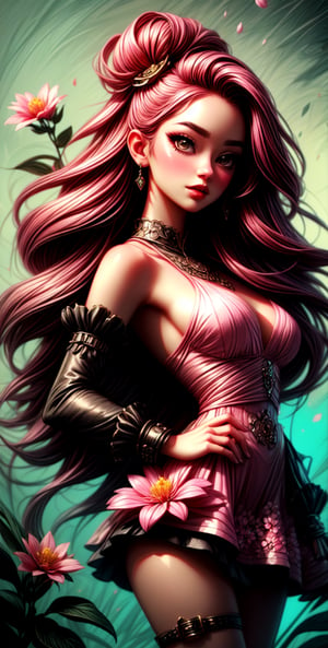 ((rossdraws style)), portrait of a woman with pink flowers in her hair, dress with floral elements, full body, futurism, punk, fantasy art, extremely detailed, 16K