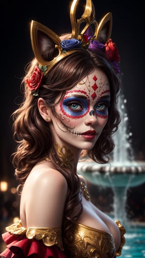 Beautifull Catrina, Wearing Traditional Ornate Catrina Dress:: Catrina Roses Crown:: dia de los muertos make up, Real Face:: Real Eyes:: Blowing Messy Hair:: Fountain Landscape:: Intrincate Colored Catrina Profesional Makeup:: Range Color Spectrum:: Seductive Eyes:: Sensual Photoshoot:: Mistycism, Modern Style, Hyper Realistic, Real Eyes, Real Beautiful Face, Perfect Face, The artwork should have photo-realistic, highly detailed symmetric beautiful eyes, highly detailed gorgeous sweet face, dynamic pose, ethereal, mystical, The artwork should be centered, stylized, and elaborate, ultra-realistic, Elegant, Delicate, extremely detailed natural texture, hyper realistic lifelike texture, 32k trendy, dreamy, backlit, glamour, glimmer, shadows, brush strokes, ultra high definition, 8k, ultra sharp focus, art intricate artwork masterpiece, golden ratio, trending on cgsociety, cinematic pose, dynamic movement,niji